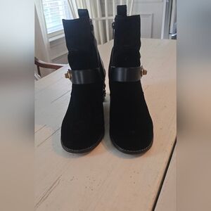 COACH Women's Leather Tea Rose Block Heel Moto Booties in Black 6.5
